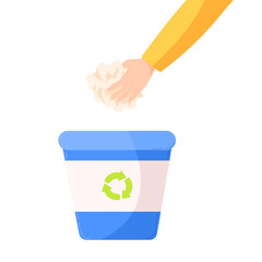 a hand putting a paper litter in a blue recycling trash can. the concept of a sorting wastes