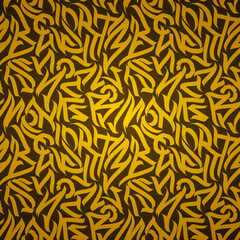 Abstract seamless pattern of gold calligraphic ornaments, grunge text print