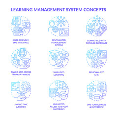 Learning management system blue gradient concept icons set. Software application for studying idea thin line color illustrations. Isolated symbols. Roboto-Medium, Myriad Pro-Bold fonts used