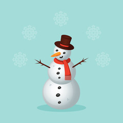 Merry Christmas greeting card with a cute snowman and falling snowflakes. Vector illustration.