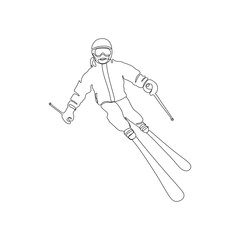 Skier, skiing in one line art drawing. Descent from the mountain. Winter sport and tourism concept. Hand drawn vector illustration.