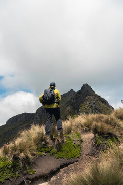 Rucu Pichincha volcano hike with backpack in the Andes mountains