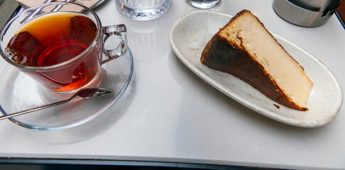 Turkish Traditional Tea and Cheesecake served in a restaurant