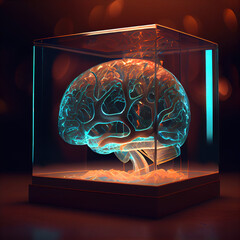 a human brain with the neurons glowing in a glass case on a table, Generative AI