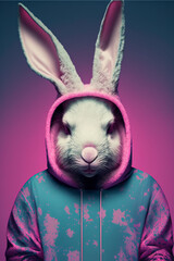 Plakat Portrait of rabbit in human clothing hoodie, bright, silly, fun, serious, austere, easter, bunny, generative ai