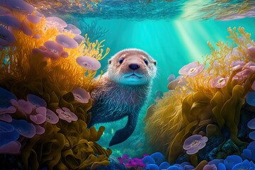illustration of cute seal swimming under water among coral reef