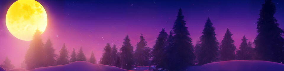 Winter Wonderland Landscape with yeollow moon and purple hue over dark trees