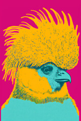 Bird with long hair feathers mohawk on head, pop art print style, generative ai