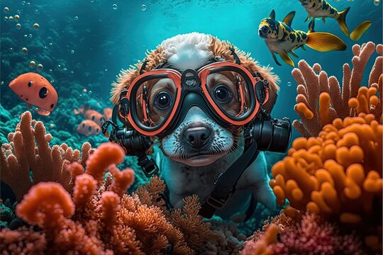 cute illustration of a puppy with diving mask swimming under water , ocean coral reef seascape, 