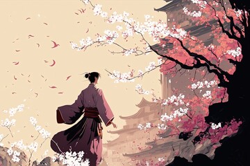 illustration of handsome prince in traditional Asian clothes with ancient castle background in spring time - obrazy, fototapety, plakaty