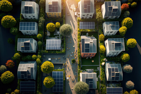 drone view of residential houses with photovoltaic solar panels. Alternative and Renewable energy concept. generative ai
