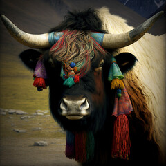 tibetan yak with mountains. generative ai