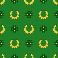 Seamless vector pattern with clover leaves and Horseshoe. The holidays backdrop for St. Patrick's Day. Colorful elements on green. Background for greeting cards, decoration, packaging design, and web.