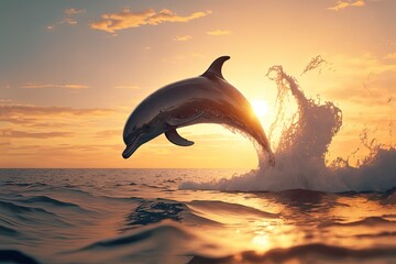 illustration of Bottlenose dolphin jump over ocean surface against sunlight , dusk or dawn beautiful background