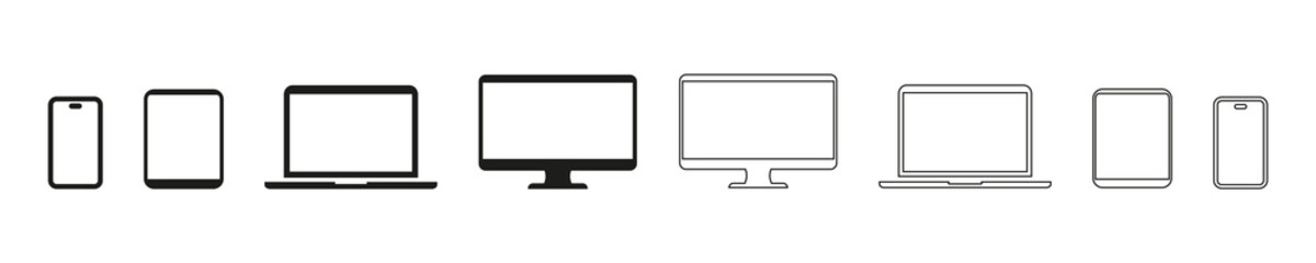 Icon set smart devices vector icon. A collection of device symbols. Television monitor, computer, laptop, tablet, smartphone. Thin line devices. EPS 10
