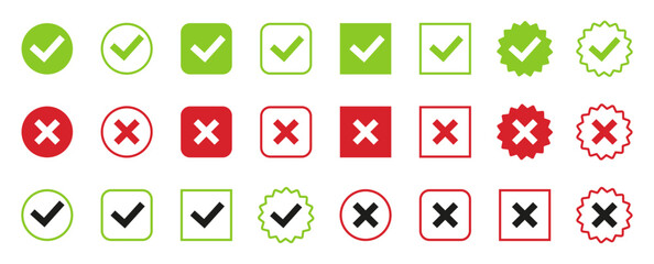 Checkmark  and cross vector icon. Green tick check mark, red cross. Circle and square. Large collection of flat buttons.  Vector illustartion eps10