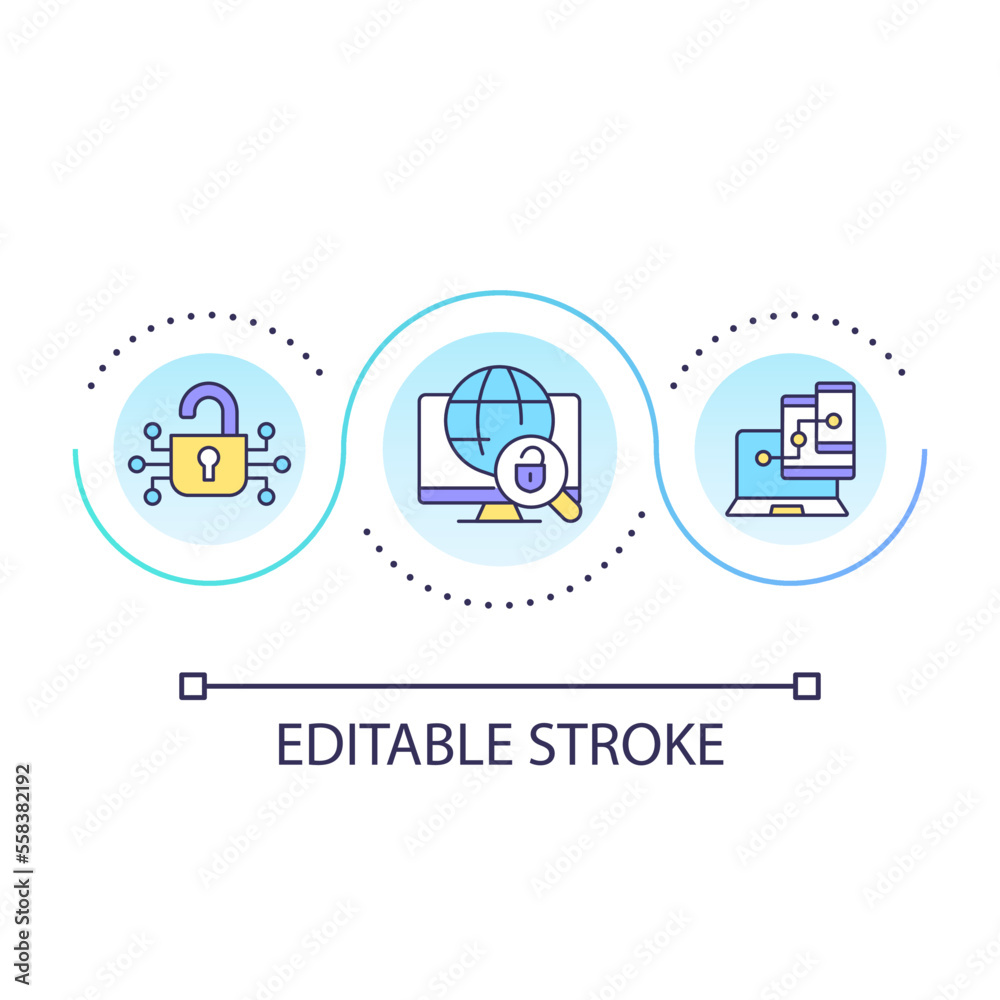 Poster Multiple devices usage and security loop concept icon. Protecting computer from cyber threats abstract idea thin line illustration. Isolated outline drawing. Editable stroke. Arial font used