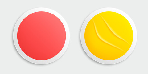 Sticker blank, red and yellow adhesive mock up. Round curved sticky paper curl realistic vector isolated illustration.