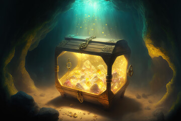 A secret treasure chest is with golden inside, it placed on seabed in the depth of the ocean. Generative Ai image.