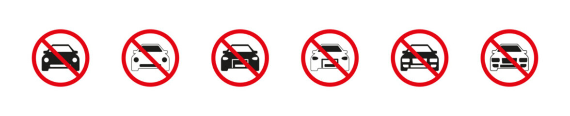 Set of no car signs. Car prohibition sign isolated collection. Red prohibited sign. Vector illustration