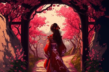 illustration beautiful wallpaper atmosphere, beautiful plum or cherry blossom tunnel 