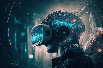 Obraz na płótnie Canvas Generative Ai of human wearing VR glasses in cyberspace. 