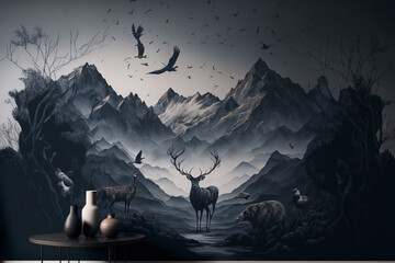 Beautiful grey mural on wall with mountains and deer. Generative Ai. 