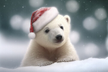 Generative ai of a cute polar bear cub with Santa hat. 