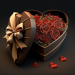 Heart-shaped gift box, red roses, bow. Valentine's Day. Generative AI