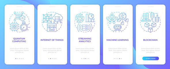 Data science technologies blue gradient onboarding mobile app screen. Walkthrough 5 steps graphic instructions with linear concepts. UI, UX, GUI template. Myriad Pro-Bold, Regular fonts used