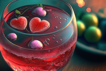 illustration of Valentine's day theme cocktail or mocktail drink, close up with ice cube in heart shape