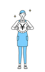 為替差益や円高のイメージ、エプロンを着たシニア女性