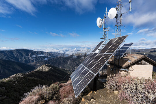 Solar communication towers on Josephine Peak in the San Gabriel Mountains and Angeles National Forest in Southern California.  