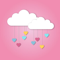 White clouds with hanging hearts on a pink background