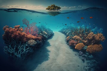 illustration of beautiful endless underwater sand path way to the depth