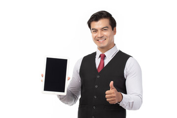 Portrait young businessman working on new tablet, mobile phone in white studio. Portrait of a confident business man in black suit feeling happy and smile holding tablet or mobile phone.