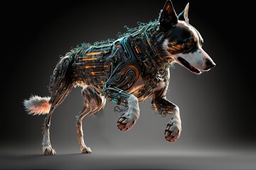 futuristic cybermetic theme illustration of dog cyborg or robotic pet in running motion with glow light
