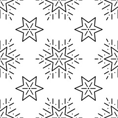 Modern vector Star Pattern. Seamless background with snowflakes. Black Stroke of Stars with rays on the white. Design for decorations, greeting cards, packaging design, and web. Isolate outlines.