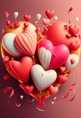 Happy Valentines Day card with heart shaped balloons. Ai Generative