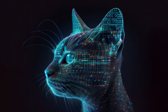 Neural network of a cat brain with big data and artificial intelligence circuit board in the head of a blue feline, outlining concepts of a digital brain, computer Generative AI stock illustration