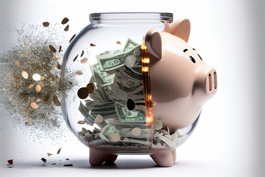Glass piggy bank for saving money in a moneybox for ready cash in coins, computer Generative AI stock illustration image