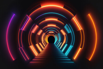 Futuristic sci-fi illuminated neon glowing tunnel. Generative ai