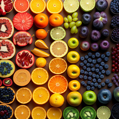 lay flat overhead view of lots of colourful fruits. Generative ai