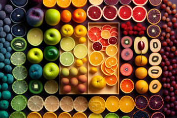 lay flat overhead view of lots of colourful fruits. Generative ai