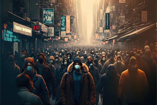 Big City With Many People Wearing Face Mask Beacause Of Return Of Covid Coronavirus Pandemic Illustration Generative Ai