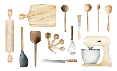 Set of baking tools and kitchen utensils. Hand drawn watercolor illustrations isolated. Baking supplies, cooking, baking elements collection for bakery logo, menu, cards