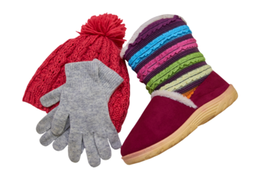 knitted cap with gloves and boots,warm winter clothes for a girl on a white background