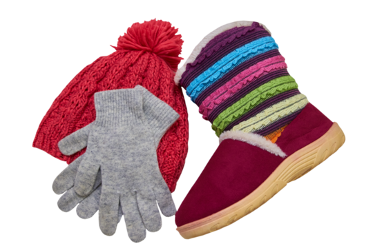 knitted cap with gloves and boots,warm winter clothes for a girl on a white background