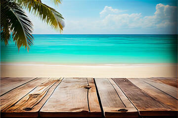 Beach background with wooden board, palm trees and the sea ideal for product placement with lots of copy space, generative AI