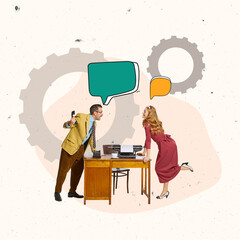 Contemporary art collage. Conceptual design. Business communication. Man emotionally talking on phone and with woman, employee